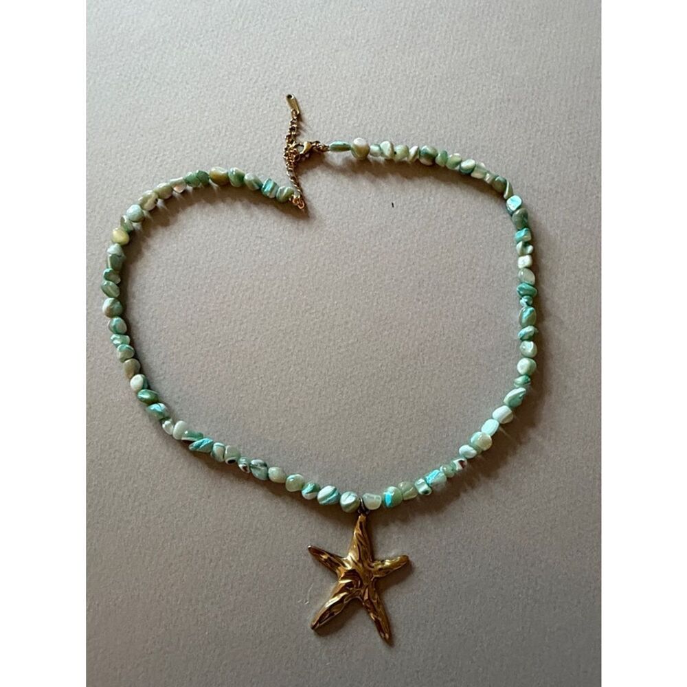Starfish Pendant Green Pearl Beaded Necklace A1767 - Picture 3 of 3